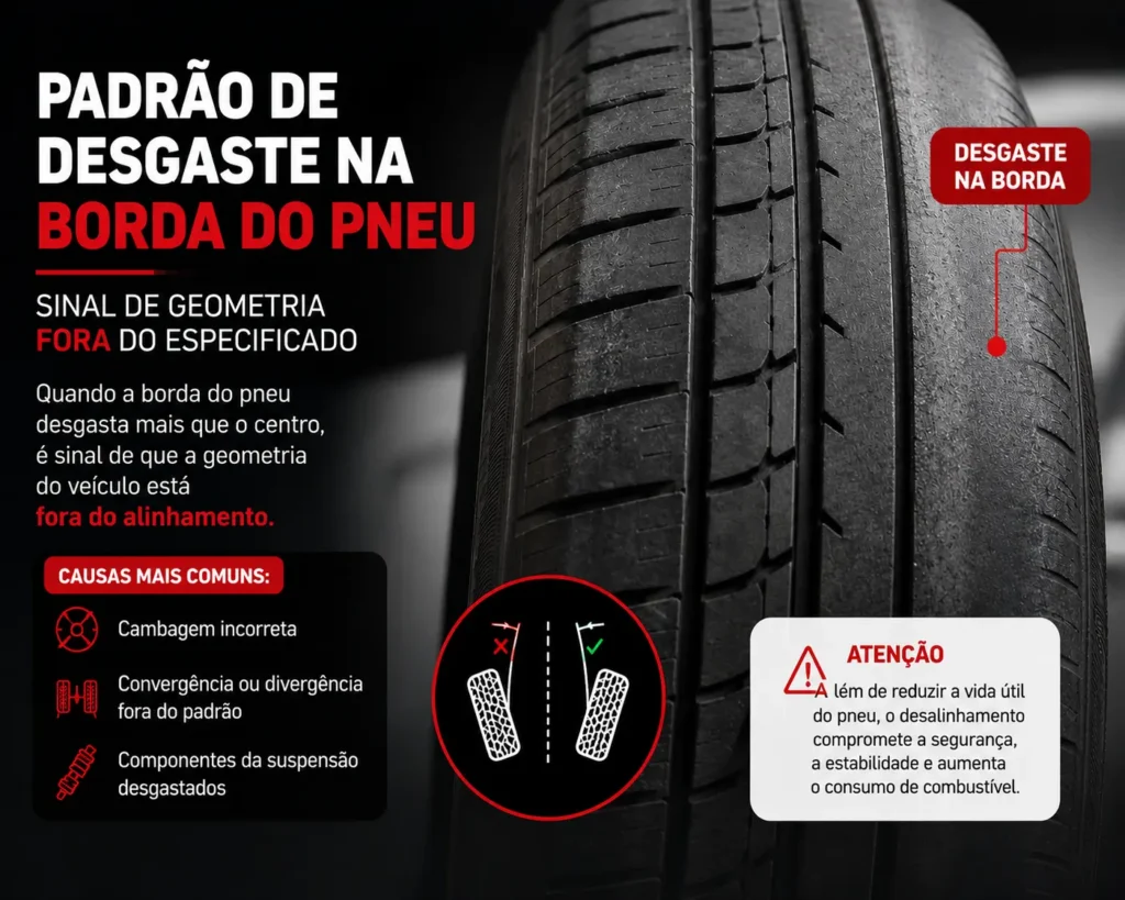 Carro precisa de alinhamento: desgaste na borda do pneu indica possível problema na geometria.