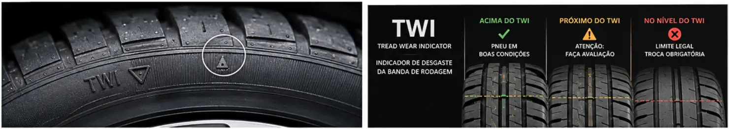 Indicador TWI mostra o limite de desgaste da banda de rodagem do pneu.